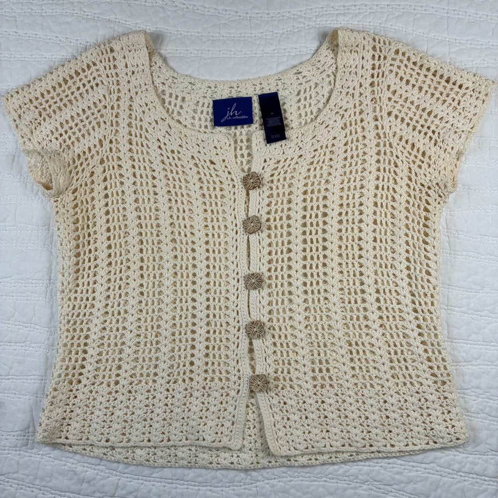 Vtg JH Collectibles Crochet Cardigan M Cream Linen Cotton Boho Cottagecore *note